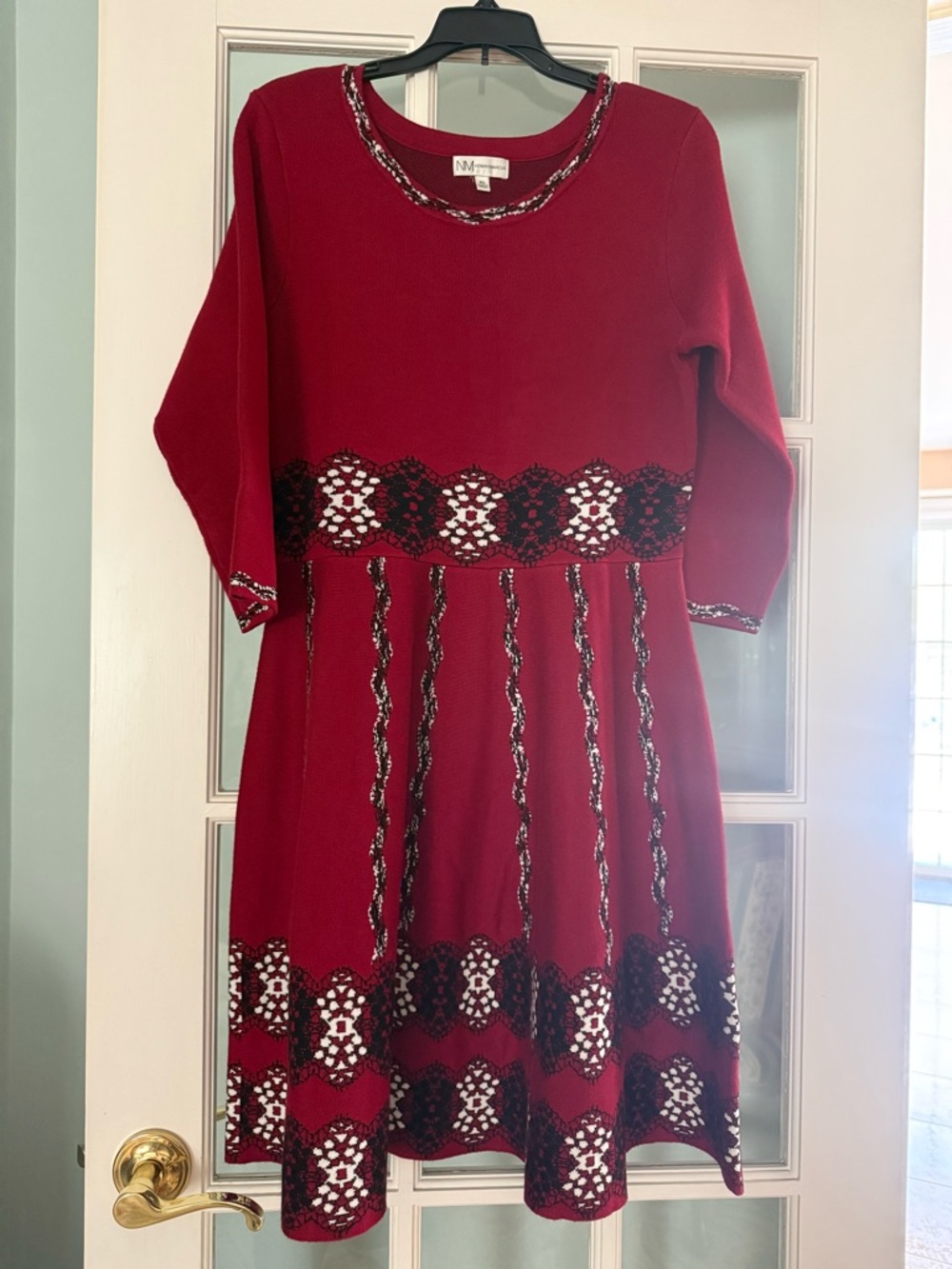 Neiman Marcus Burgundy Long-Sleeve A-Line Dress with Black & White Lace Accents